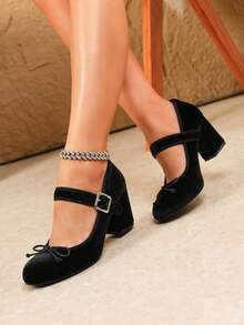 Plus Size Velvet Mary Jane Chunky Heel Pumps For Women, Round Toe Single Strap Square Buckle Bow High Heels, Vintage Elegant Commuter Shoes - Black - View 3
