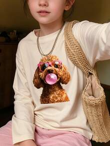 Girls Cute Dog Print Long Sleeve T-Shirt Casual Crewneck Loose Tee Tween Girl Daily Wear Top - Apricot - View 2