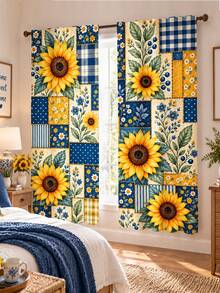 2pcs, Patchwork Plaid Sunflower Pattern Printed Curtains, Single-Sided Printing, Semi-Sheer - Rod Pocket Curtains, Bedroom Living Room Kitchen Decor, Multiple Sizes Available, Privacy Protection Machine Washable, Fade-Resistant Curtains (Rod Not Included) - A - View 2