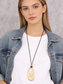 1pc Asymmetrical Geometric Alloy Pendant/Minimalist Fashion Beaded Long Necklace For Daily Wear - Beads - View 5