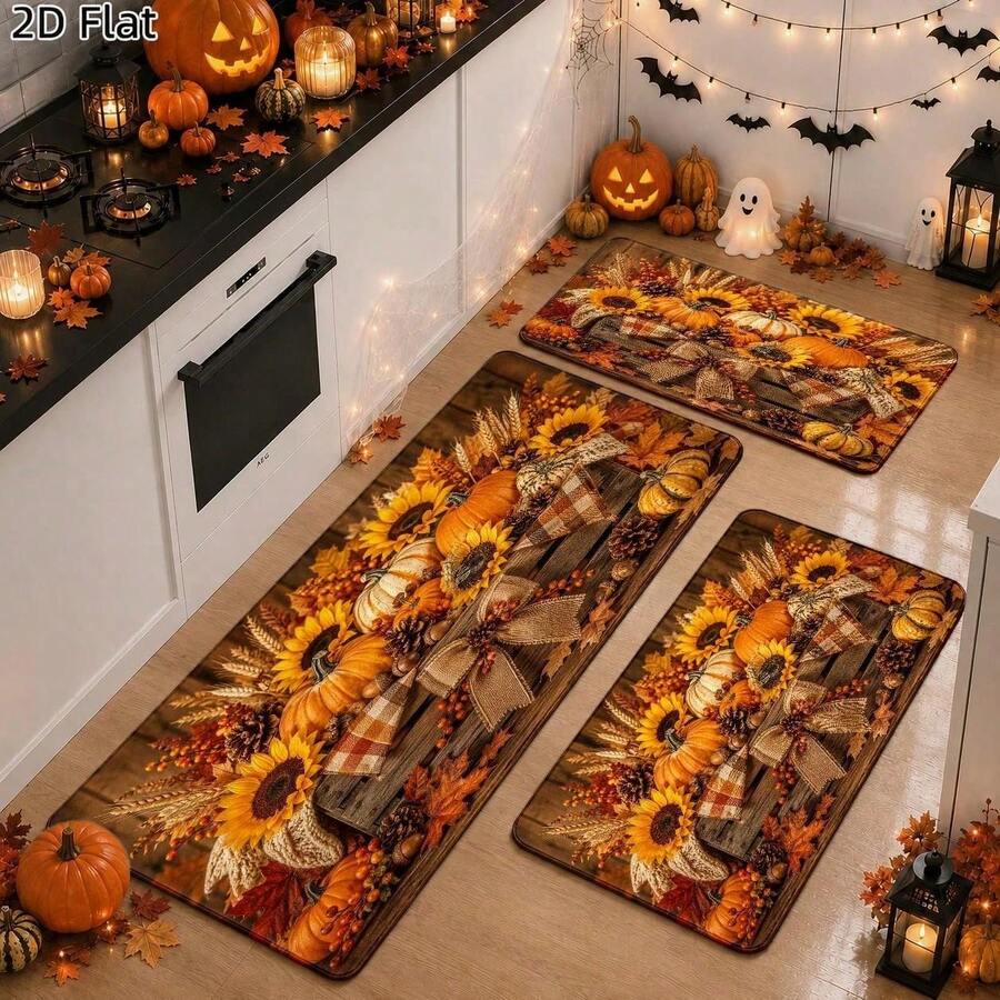 Alfombra de cocina plana 2D para otoño: cómoda y de estilo rústico, de color naranja. Alfombra antideslizante para el suelo de la cocina, con acolchado, para el fregadero, el lavadero o el escritorio de la oficina. Alfombra plana 2D. - Estilo 4 - Ver 1