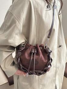 Women's Drawstring Bucket Crossbody Bag, Suede & PU Material, Braided Shoulder Strap, Adjustable Strap, Flexible Storage, Autumn/Winter Daily Outing Women's Bag - Coffee Brown - View 3