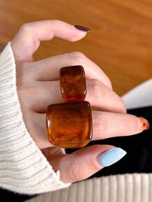 2pcs Asymmetrical Amber Resin Rings, Low-Key Elegant Finger Rings, Suitable For Party And Gift - Coffee - View 11