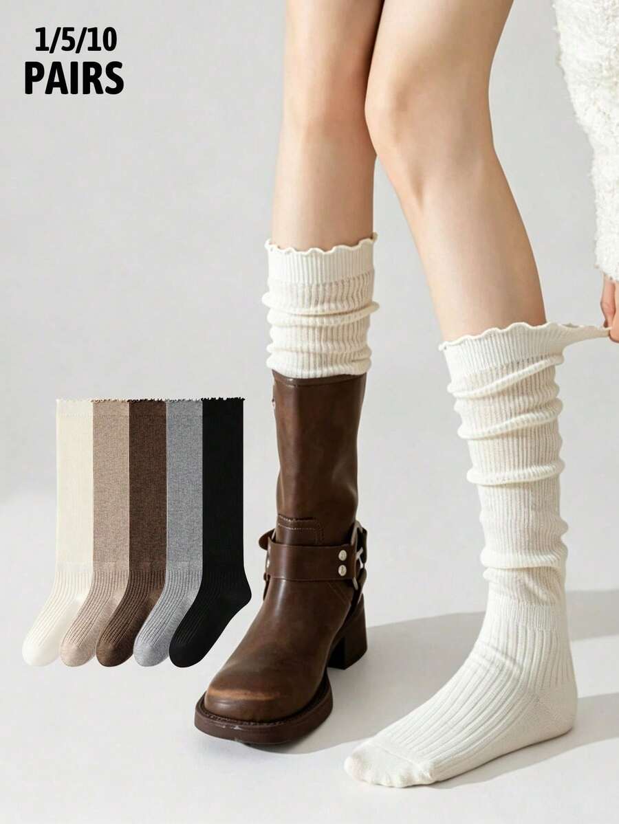 1/5 Pairs Autumn Basic Ruffle Layered Knee Socks, School Style Student Long Socks, Suitable For Boots, Back To School Season - Multicolor - View 1