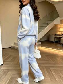 Autumn Fashion Casual Sporty Chic Women's Commuter Outfit, Comfortable Loose Fit Colorblock Full Print Long Sleeve Jacket + Straight Leg Pants 2 Pieces Set, Effortless Stylish Autumn Outfit, Recommended Autumn Wardrobe Set - Dusty Blue - View 11