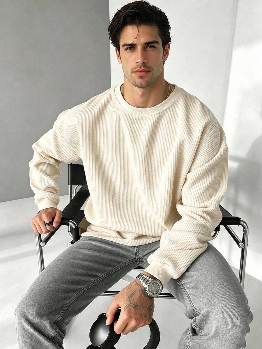 Men's Casual Retro Corduroy Sweatshirt, Long Sleeve Top - Apricot - View 1