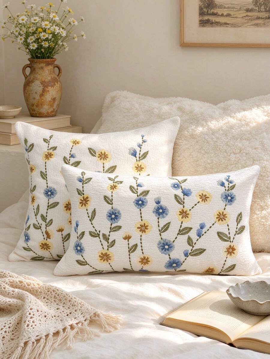 1件清新奇幻花卉植物刺繡枕套，適合沙發、客廳與臥室使用（不含枕芯，可機洗，隱形拉鍊設計） - 彩色 - 查看 1