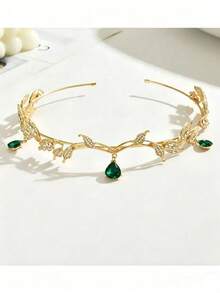 1pc Gold Rhinestone Crown Forest Style Water Drop Forehead Ornament Princess Birthday Crown Wedding Accessory - Green - View 2