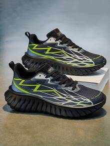 Men's Luxury Tech Mecha Running Shoes, Contrast Color Fluorescent Line Design, Large Tooth Anti-Slip Thick Sole, Mesh Breathable Casual Chunky Sneakers - Black - View 2