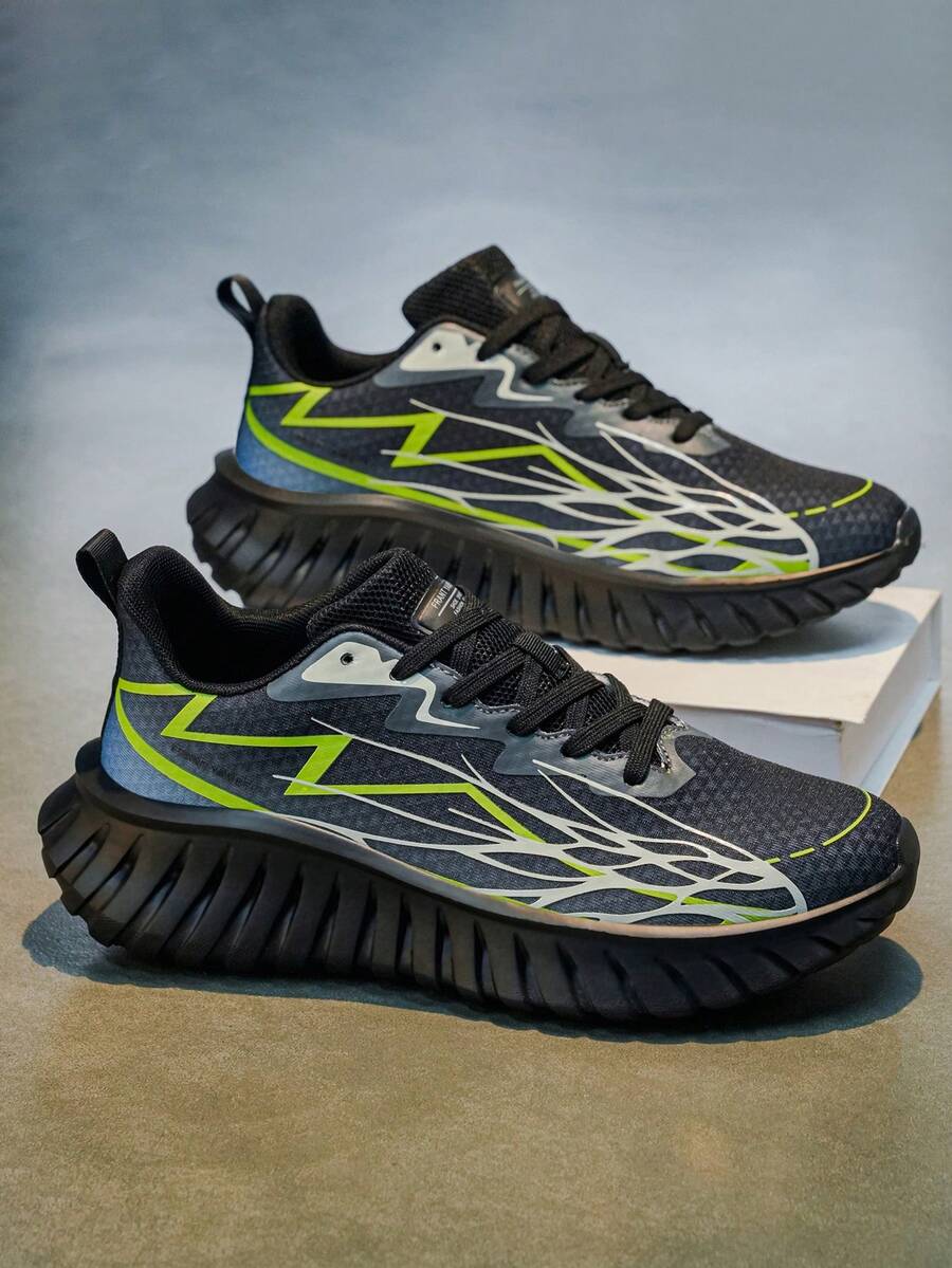 Men's Luxury Tech Mecha Running Shoes, Contrast Color Fluorescent Line Design, Large Tooth Anti-Slip Thick Sole, Mesh Breathable Casual Chunky Sneakers