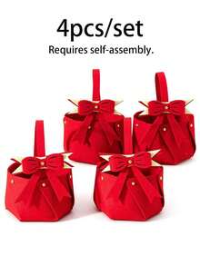 4pcs/Set Christmas Party Red Bow Gift Basket, Portable Handheld Goodie Bag, New Year Party Favor Snack Bag, Holiday Birthday Party Decoration Gift Packaging Box, Self-Assembly Required - Multicolor - View 9