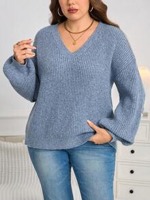 Sweater Rajut Longgar Kasual Serbaguna Lengan Panjang Warna Polos Leher V Ukuran Besar - Biru - View 4