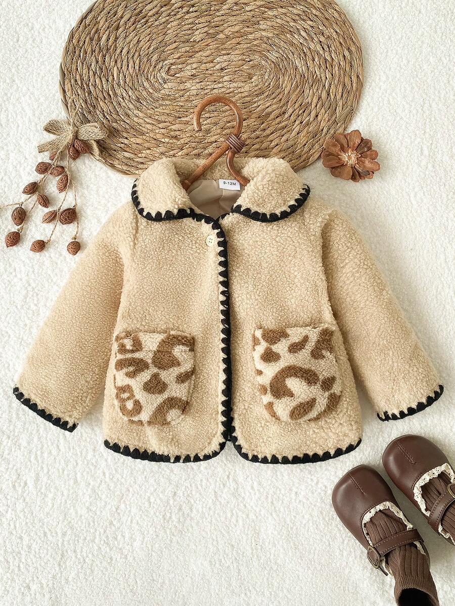 Autumn/Winter Baby Girl Cute Lamb Fleece Jacket With Contrast Black Trim Leopard Print Pocket Plush Coat - Camel - View 1