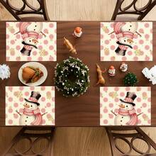 4Pcs Christmas Snowman Placemats Pink Polka Dot & Golden Snowflake Star Print Table Mats Winter Holiday Dining Table Decor - Baby Pink - View 10
