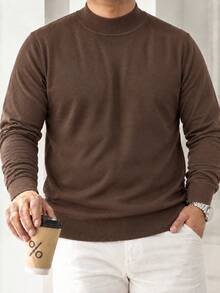 Men's Plus Size Half Mock Neck Knitted Sweater, Solid Color Slim Fit Long Sleeve Pullover Base Layer Knit Top, Autumn/Winter - Brown - View 5