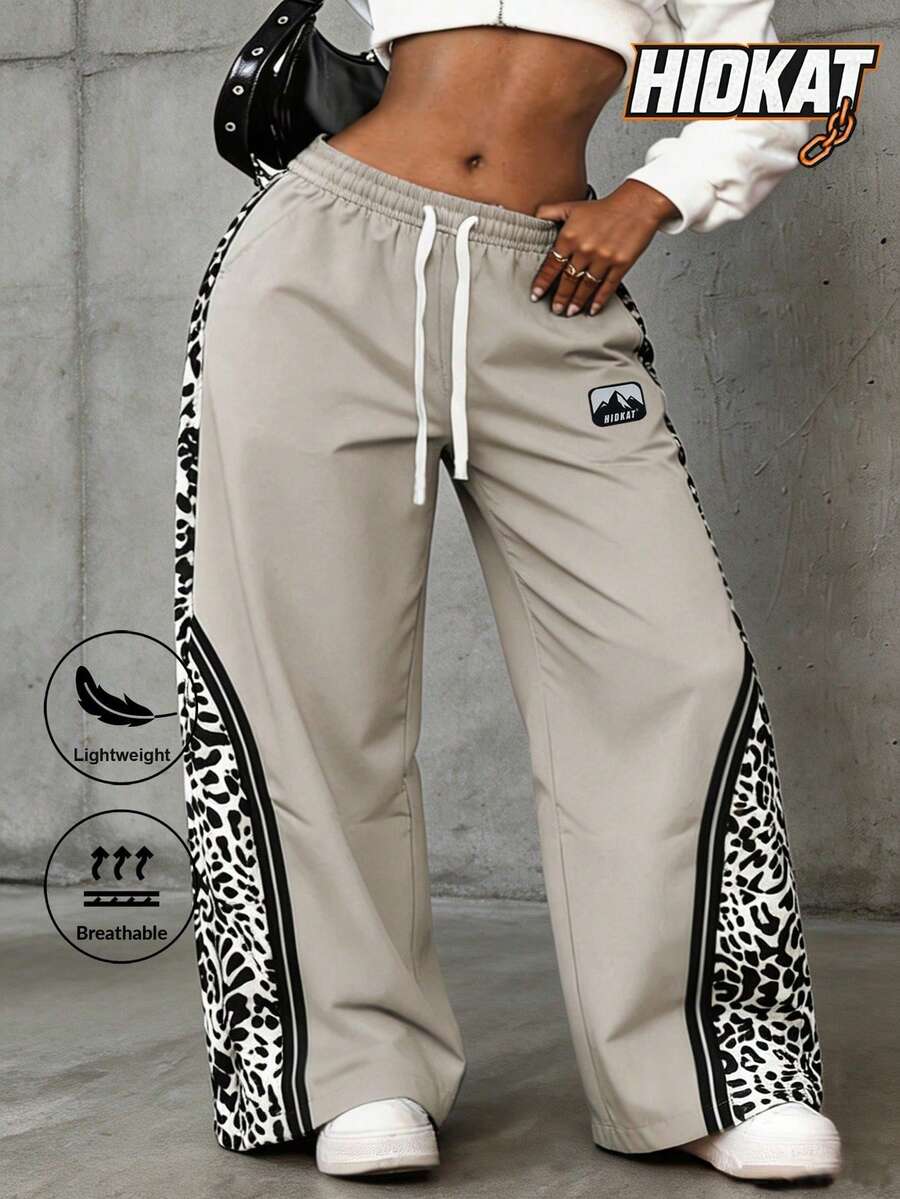 Women's Leopard Print Retro Lightweight Street Casual Sports Straight Leg Wide Leg Pants, Spring/Autumn,