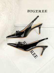 BIGTREE European & American Style Fashion Bow Decor Pointed Toe Low Vamp Patent Leather Backless Slingback Stiletto Heel Sandals - Black - View 5