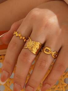 3pcs/Set Stainless Steel 18K Gold Plated Geometric Oval Ring Set, Suitable For Women's Daily Wear And Shopping - Multicolor - View 5