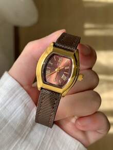 1件女款 Tonneau 石英手錶 金色錶殼 咖啡棕色錶盤 羅馬數字 鑲鑽裝飾 咖啡棕色錶帶 優雅風格 適合日常佩戴 - 咖啡棕 - 查看 1