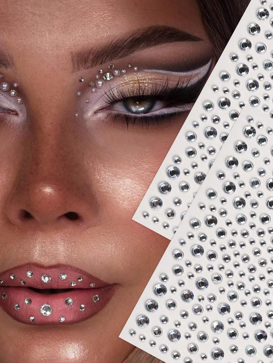 2PCS Silver White Large & Small Round Rhinestone 3D Face Decoration Holiday Gift DIY Music Festival Party Makeup Ball Hair Eye Face Body Decoration Rhinestone Stickers - Silver - View 1