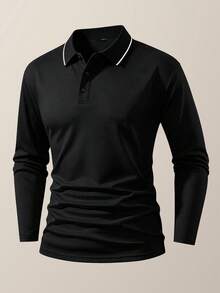 Manfinity Homme Men Black Long Sleeve Polo Shirt, Thin White Contrast Piping Lapel Collar, Button Placket Casual Golf & Commute Wear - Black - View 5
