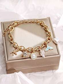 1pc Fashion Alloy Starfish Conch Fish Tail Shell Agate Ocean Bracelet, Versatile High-End Elegant Elegant, Non-Adjustable - Multicolor - View 3