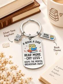Book Lover Keychain, A Book A Day Read More Cry Less Quote Dog Tag Key Ring, Mini Book Charm, Bookworm Bag Charm Accessories - Multicolor - View 3