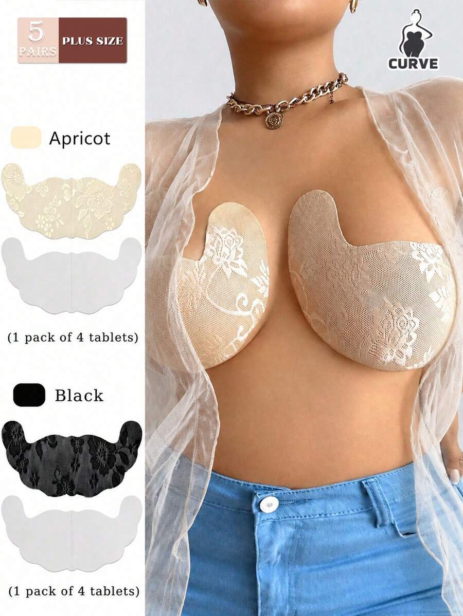 5pcs Plus Size Breathable Invisible Lace Lift-Up Breast Pads, Random Floral Print, Suitable For Wedding Dress Or Strapless Clothing, Designed For Full Bust (Random Pattern, Actual Floral Design May Vary)