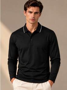 Manfinity Homme Men Black Long Sleeve Polo Shirt, Thin White Contrast Piping Lapel Collar, Button Placket Casual Golf & Commute Wear - Black - View 2