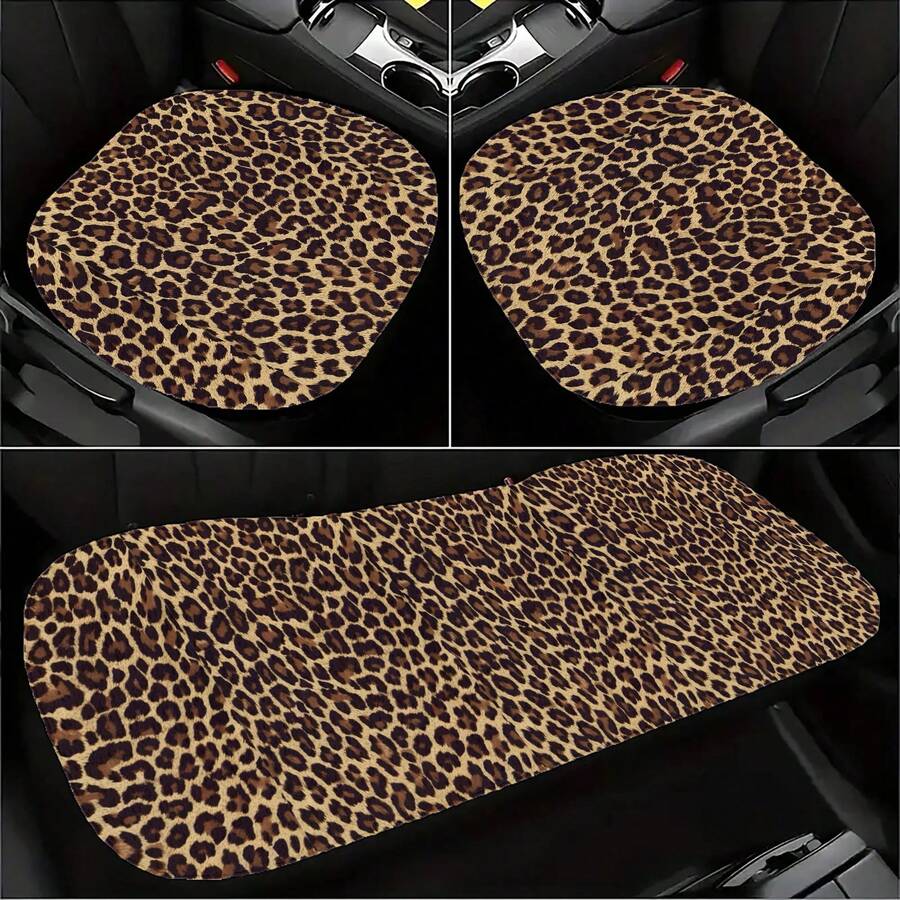 Leopard Print Seat Cushion 3 Pieces Set: 2 Front Single Seat Cushions + 1 Rear Long Seat Cushion, Universal Fit For Most Cars And SUVs - Cushion - View 1