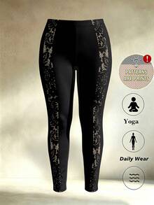 Plus Size Faux Lace Print Leggings | Creamy Soft High Waist Elastic Tummy Control Yoga Pants & Everyday Wear Pants, Suitable For Curvy Women | Autumn Outfit - Multicolor - View 5
