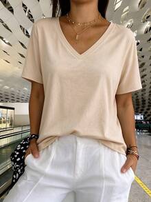 100% Pure Cotton Women's T-Shirt Top, Apricot Short Sleeve, Spring/Summer/Autumn Casual Wear - Apricot - View 12