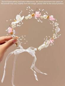 1pc Girls Pink Headpiece Birthday Performance Host Hair Accessory Princess Fairy Mori Style Multicolor Floral Wreath Hair Ornament Girls Accessories - Pink - View 8