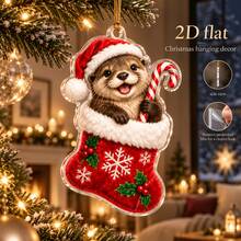 2D Acrylic Christmas Hanging Ornament, Holiday Theme Decoration, Pattern Of Otter Wearing Christmas Hat, Holding Red Sock And Candy Cane, Suitable For Christmas Tree, Home Windows, Doors, Wall Decor, Also Can Be Used As Car Rearview Mirror Decoration. - A - View 8
