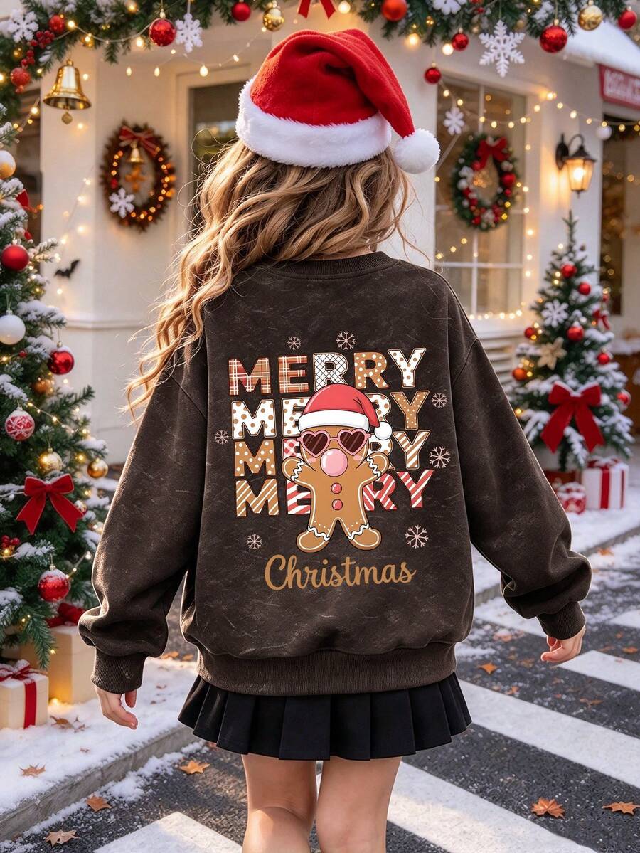 1pc Teen Girl Crew Neck Sweatshirt, Printed With Cartoon Gingerbread Man Pattern, Christmas Style Design, Comfortable Autumn/Winter Top - Brown - View 1
