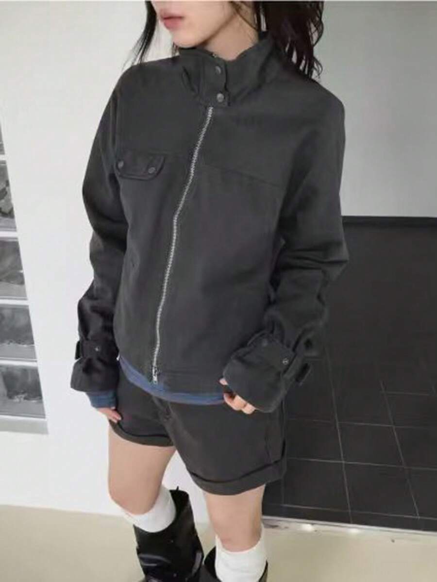 Women's Woven Fabric Funnel Neck Double Zipper Trench Coat Jacket, Long Raglan Sleeve, Regular Length, Fashionable Street Style Autumn Outerwear - Grey - View 1