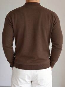 Men's Plus Size Half Mock Neck Knitted Sweater, Solid Color Slim Fit Long Sleeve Pullover Base Layer Knit Top, Autumn/Winter - Brown - View 3