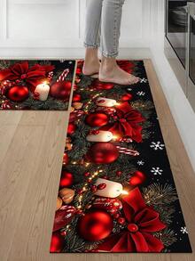 1/2pcs Christmas Kitchen Decor Rug, Christmas Bow & Candle Pattern Design Winter Kitchen Rug And Mat, Non-Slip Washable Absorbent Kitchen Accessories Decor Mat, Christmas Holiday Gift! - Multicolor - View 6