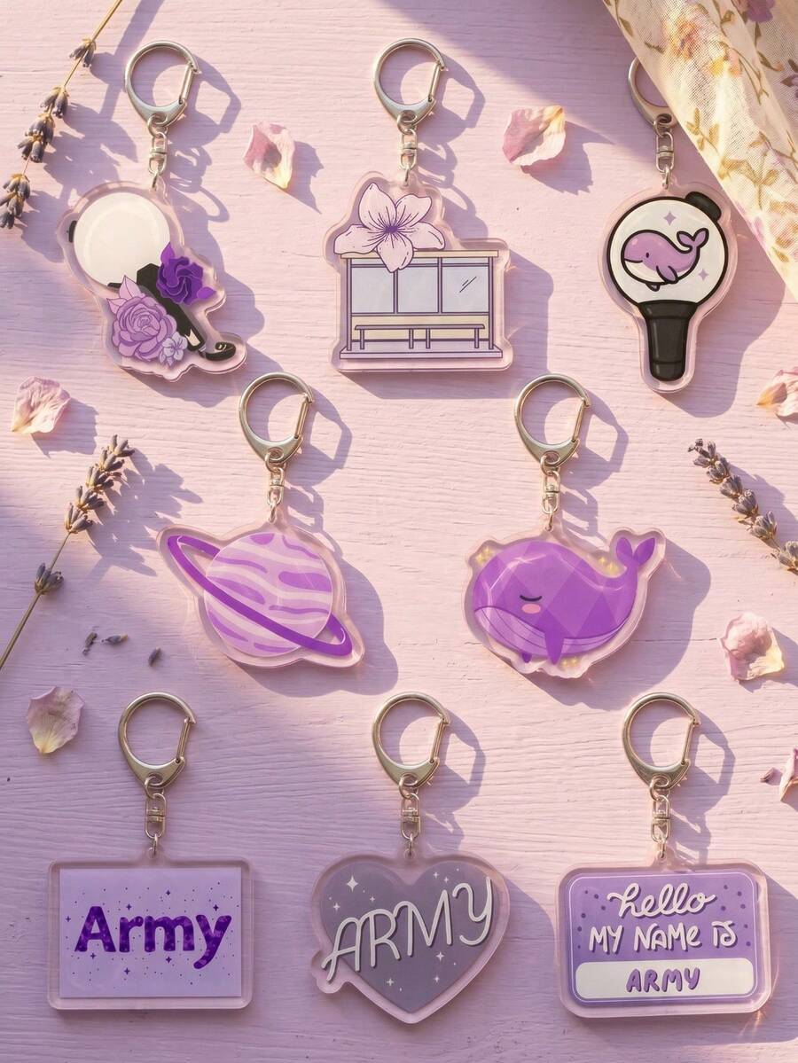 8Pcs BangTang K-Pop Theme Fan Support Pattern Keychains, Cute Asymmetrical Shaped Metal Clasp Functional Bag Decoration, Suitable For Fan Meetings, Concert Support, Birthday Gifts, Student Backpack Decoration, Merchandise Collection, Holiday Celebration And All Season Use - Multicolor - View 1