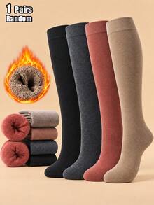 4/6 Pairs Women's Solid Color Terry Lining Knee-High Socks, Soft & Warm Tall Socks, Suitable For Autumn/Winter Home Wear, Daily Outfits And Boot Matching - Multicolor - View 8