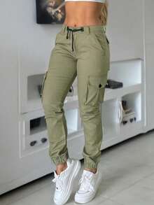 ChicMe Women's Drawstring Elastic Waist Multi-Pocket Cargo Pants - Army Green - View 6