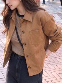 Women's Vintage Brown Short Suede Jacket, Casual Button-Front Pocket Shirt Jacket, Suitable For Autumn/Winter - Camel - View 3
