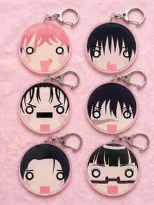 6Pcs Anime Character Funny Cute Expression Themed Round Acrylic Keychains, Featuring Classic Character Humorous & Panicked Expression Designs, Fashion Bag Charms, Suitable For Fan Gifts, Anime Collection, All Seasons - Multicolor - View 1