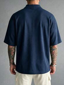 Men's Summer Casual Fashion Versatile Minimalist Semi-High Neck Short Sleeve T-Shirt, Breathable Knit Fabric, Suitable For Daily Wear - Navy Blue - View 4