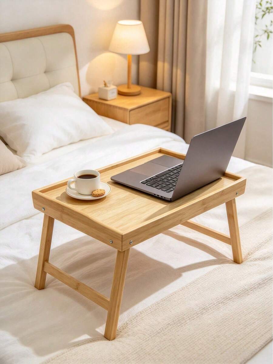 1pc Bamboo Bed Tray Table, Foldable Legs, Raised Edge Desktop, Sturdy And Lightweight, Portable Lap Desk, Suitable For Bed, Sofa For Working, Reading, Eating And Using Laptops - Multiple Specifications - View 1