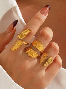 3pcs Stainless Steel Fashion Wing Open Ring Set Suitable For Women Party Wear - Yellow Gold - View 1