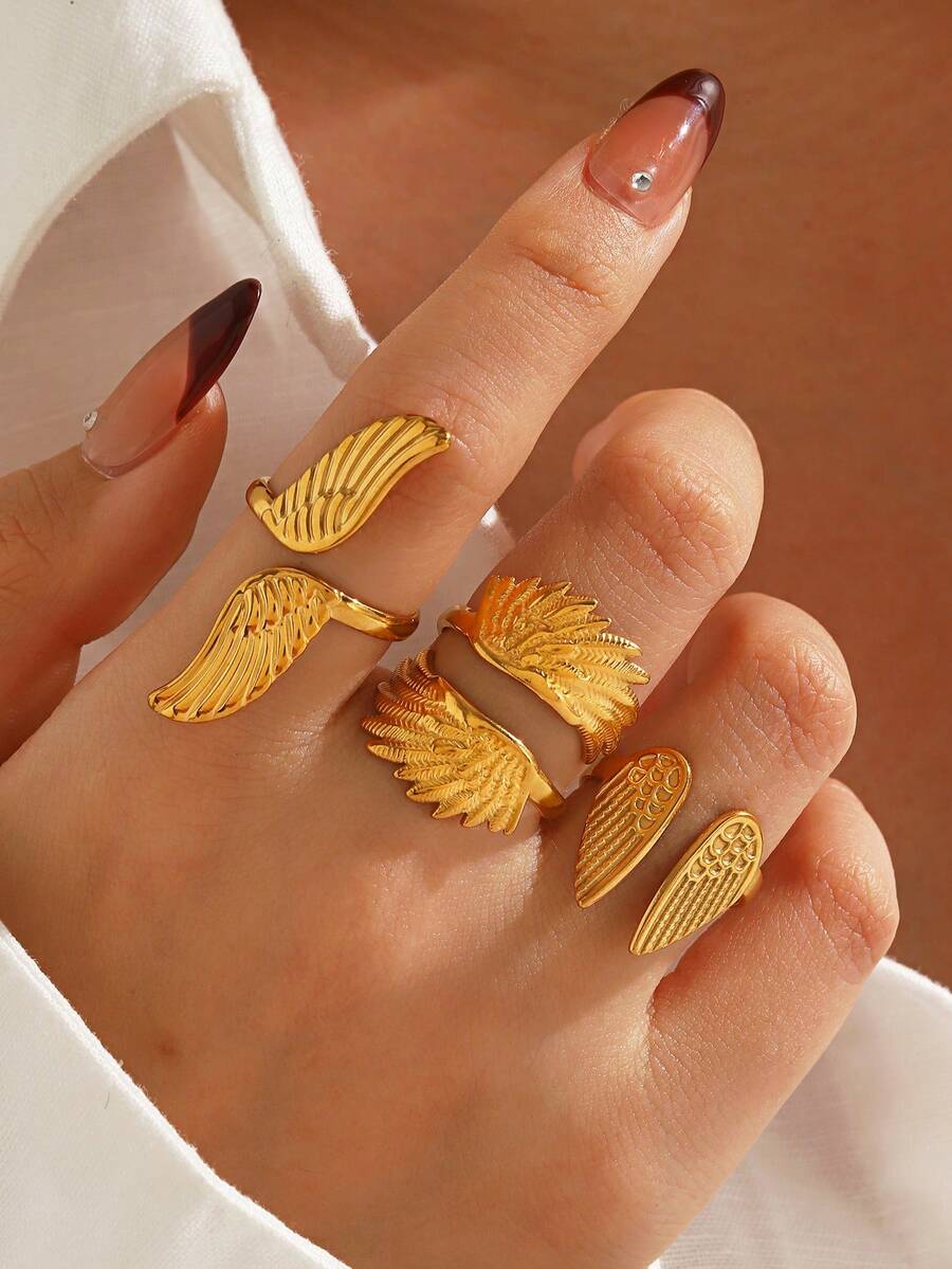 3pcs Stainless Steel Fashion Wing Open Ring Set Suitable For Women Party Wear - Yellow Gold - View 1