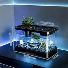 Desktop Glass Aquarium Fish Tank With Top Storage Lid & Built-In Feeder Box, Clear Rectangular Small Fish Tank For Home Office Table Decor - Black - View 2
