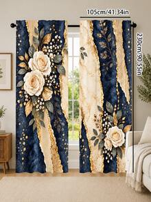 2pcs, Navy Blue Background With Beige Rose Pattern Printed Curtains, Single-Sided Printing, Semi-Sheer - Rod Pocket Curtains, Bedroom Living Room Kitchen Decoration, Multiple Sizes Available, Privacy Protection Machine Washable, Fade-Resistant Curtains (Rod Not Included) - A - View 15