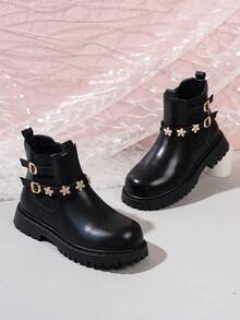 Girls' PU Leather Ankle Boots With Rhinestone Flower Decor, Metal Buckle, Side Zipper, Non-Slip Thick Sole, Ankle Boots Suitable For Daily School, Party, Wedding - Black - View 2